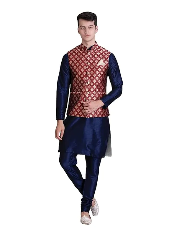 Navy_Blue_&_Maroon_Silk_Blend_Kurta_Pajama_With_Designer_Ethnic_Nehru_Jacket_For_Men