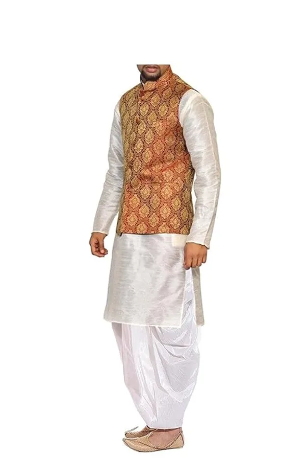 Off_White_&_Maroon_Kurta_Dhoti_With_Waistcoat_Jacket_For_Men