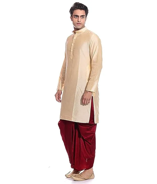 Beige_&_Maroon_Dupion_Silk_Readymade_Dhoti_Kurta_Set_For_Men