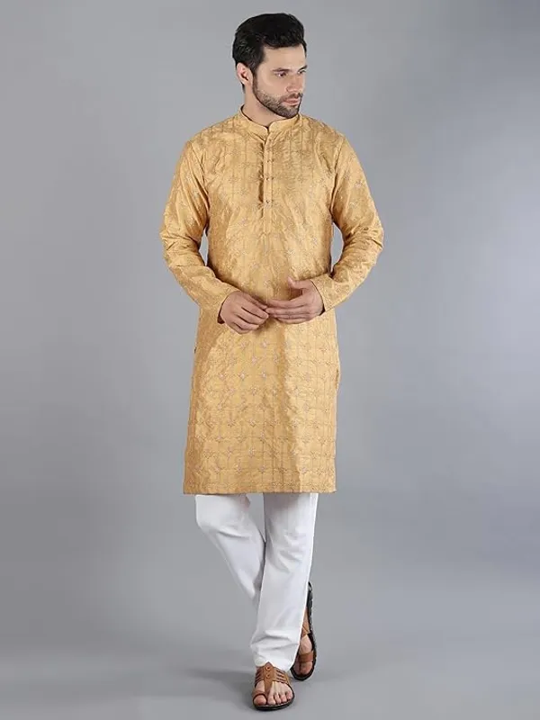 Khaki_&_White_Embroidery_Silk_Kurta_Pyjama_Set_For_Men