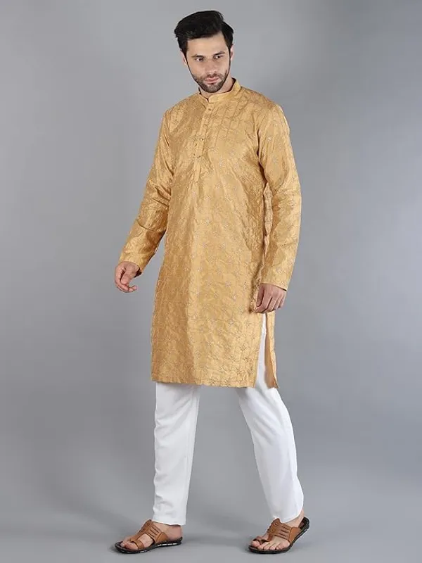 Khaki_&_White_Embroidery_Silk_Kurta_Pyjama_Set_For_Men