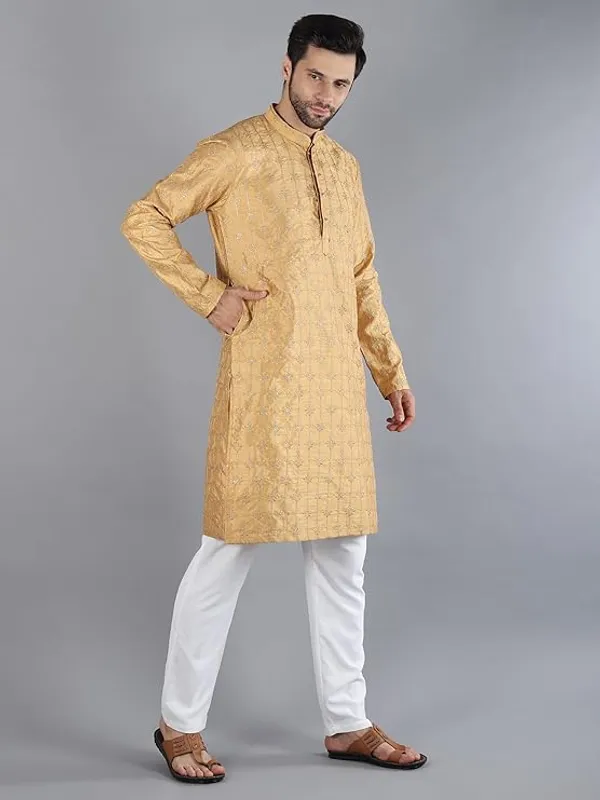 Khaki_&_White_Embroidery_Silk_Kurta_Pyjama_Set_For_Men