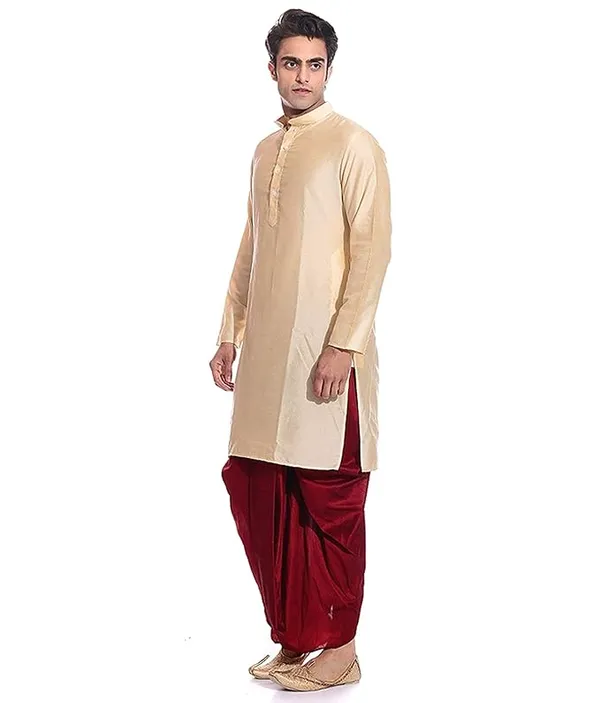 Beige_Dupion_Silk_Readymade_Dhoti_Kurta_Set_For_Men