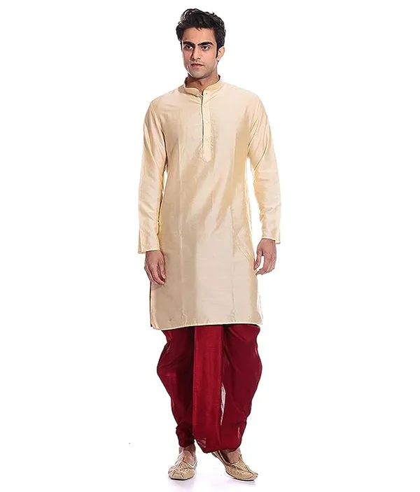 Beige_Dupion_Silk_Readymade_Dhoti_Kurta_Set_For_Men