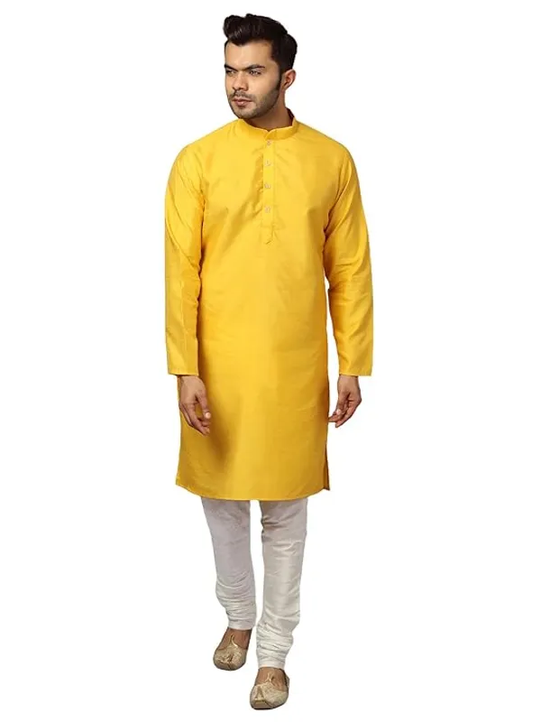 Yellow_&_White_Banarasi_Dupion_Silk_Solid_Kurta_Churidar_Pyjama_Set_For_Men