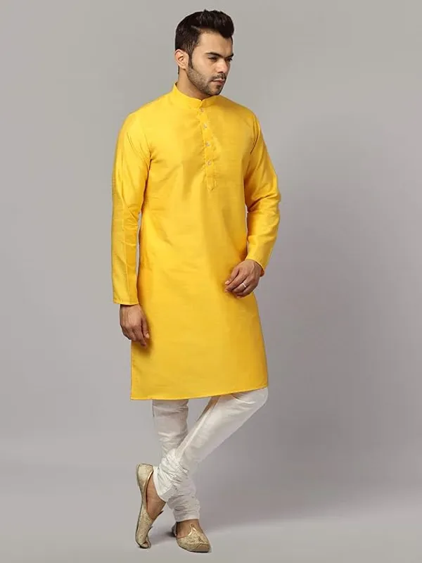 Yellow_&_White_Banarasi_Dupion_Silk_Solid_Kurta_Churidar_Pyjama_Set_For_Men