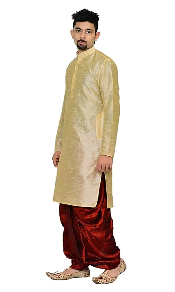 Golden_Dupion_Silk_Readymade_Dhoti_Kurta_Set_For_Men