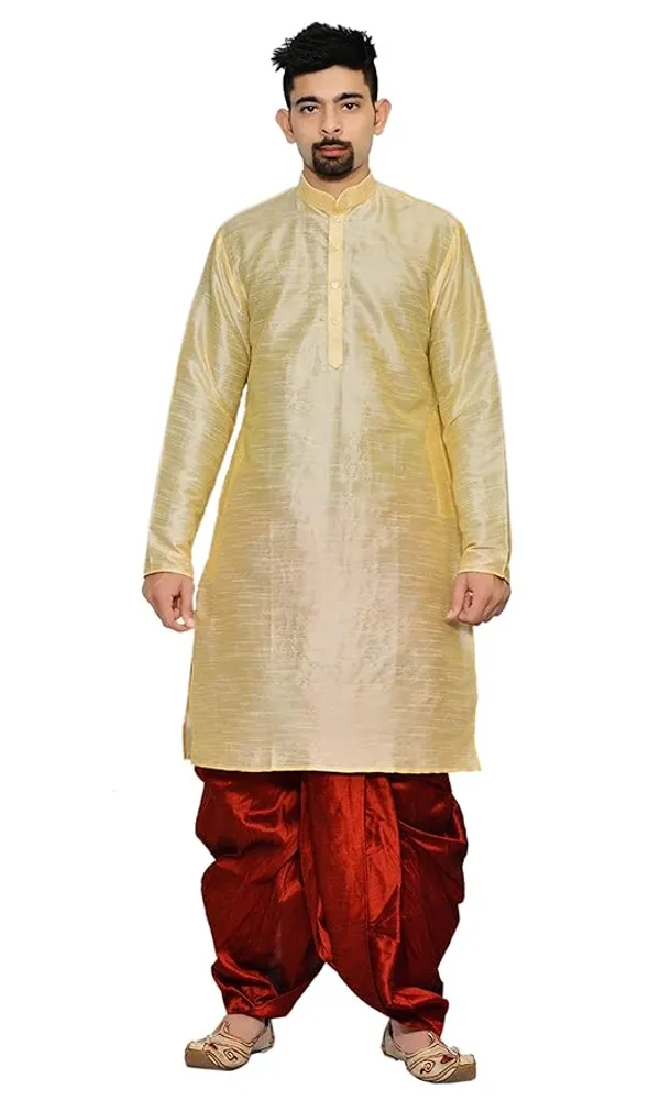 Golden_Dupion_Silk_Readymade_Dhoti_Kurta_Set_For_Men
