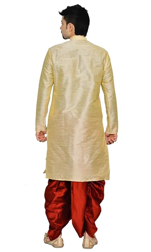 Golden_Dupion_Silk_Readymade_Dhoti_Kurta_Set_For_Men