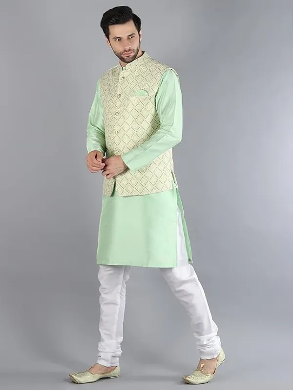 Pista_Green_&_White_Silk_Blend_Kurta_Pajama_With_Designer_Ethnic_Nehru_Jacket_For_Men