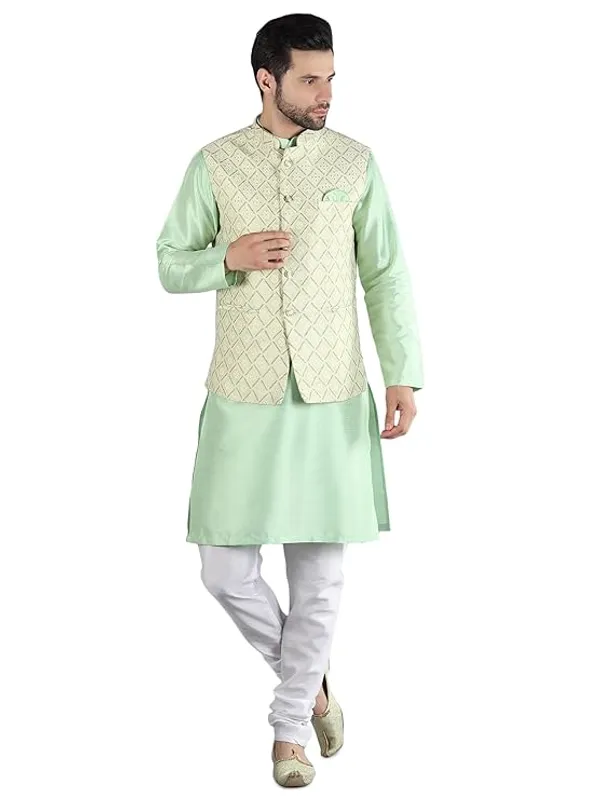 Pista_Green_&_White_Silk_Blend_Kurta_Pajama_With_Designer_Ethnic_Nehru_Jacket_For_Men