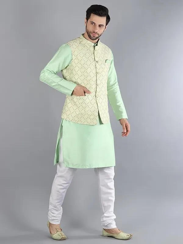 Pista_Green_&_White_Silk_Blend_Kurta_Pajama_With_Designer_Ethnic_Nehru_Jacket_For_Men