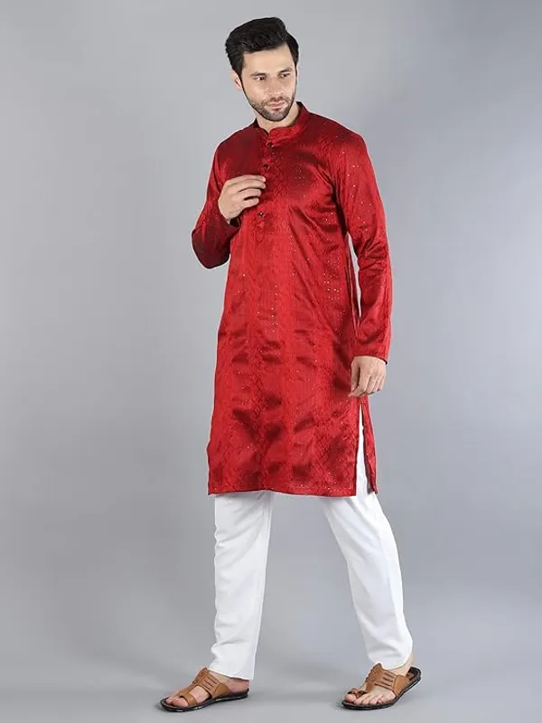 Maroon_&_White_Embroidery_Silk_Kurta_Pyjama_Set_For_Men