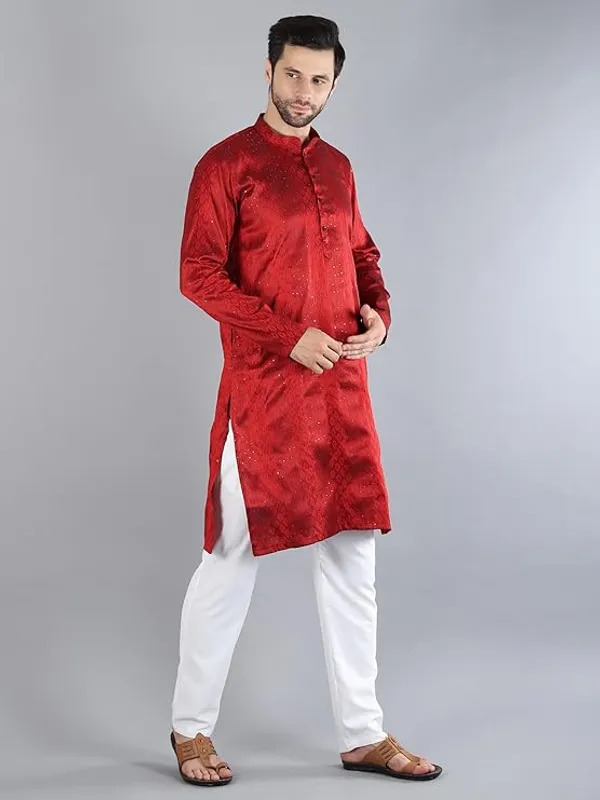 Maroon_&_White_Embroidery_Silk_Kurta_Pyjama_Set_For_Men
