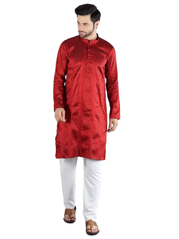 Maroon_&_White_Embroidery_Silk_Kurta_Pyjama_Set_For_Men