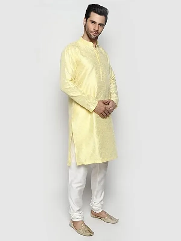 Yellow_&_White_Embroidery_Silk_Kurta_Pyjama_Set_For_Men