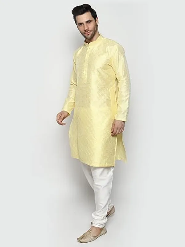 Yellow_&_White_Embroidery_Silk_Kurta_Pyjama_Set_For_Men