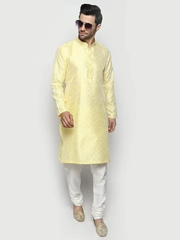 Yellow_&_White_Embroidery_Silk_Kurta_Pyjama_Set_For_Men