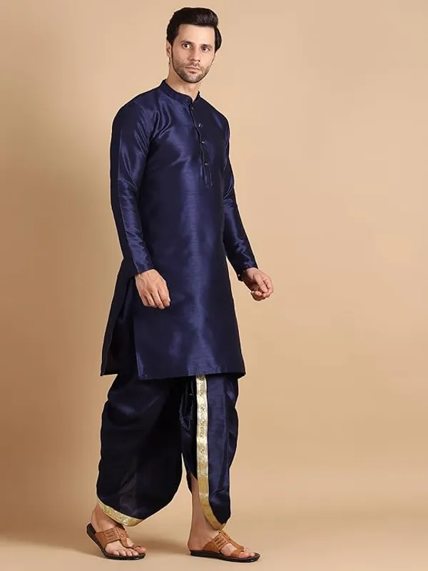 Blue_Dupion_Silk_Readymade_Dhoti_Kurta_Set_For_Men