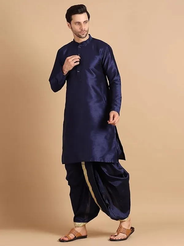 Blue_Dupion_Silk_Readymade_Dhoti_Kurta_Set_For_Men