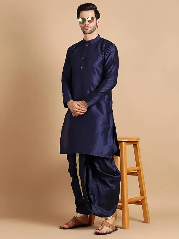Blue_Dupion_Silk_Readymade_Dhoti_Kurta_Set_For_Men