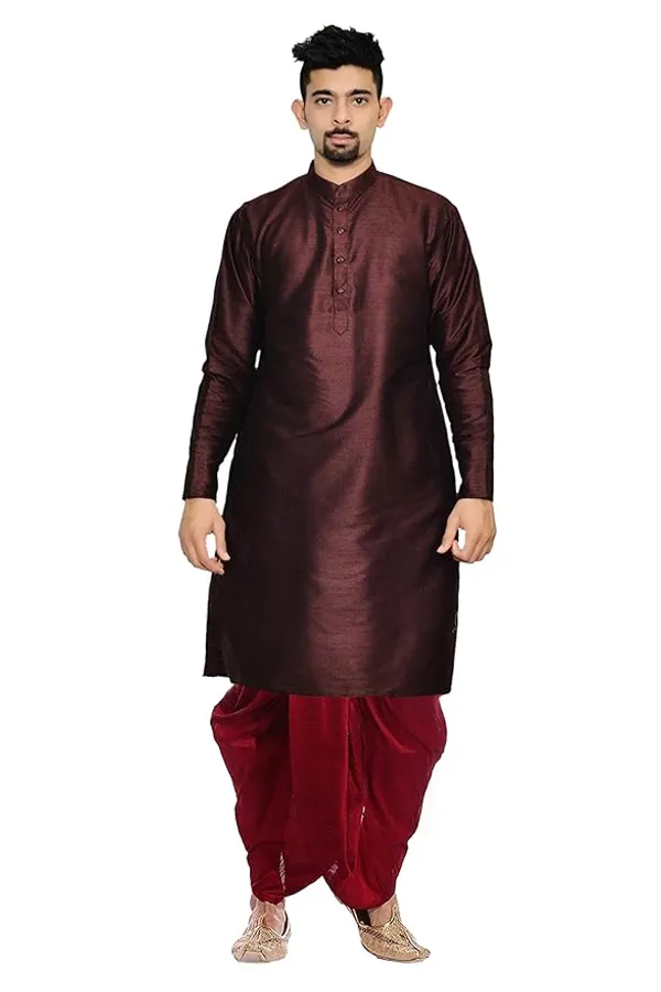 Chocolate_Brown_Dupion_Silk_Readymade_Dhoti_Kurta_Set_For_Men
