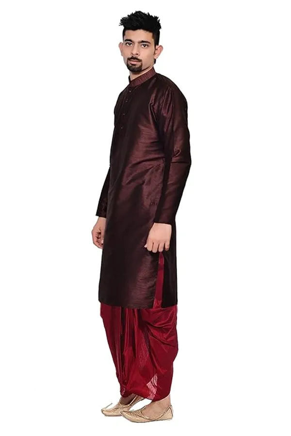 Chocolate_Brown_Dupion_Silk_Readymade_Dhoti_Kurta_Set_For_Men