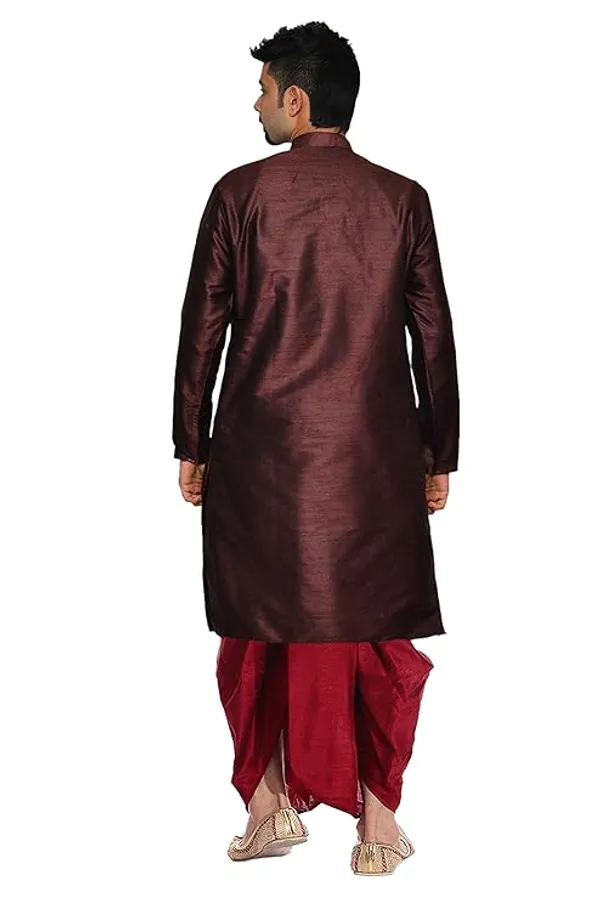 Chocolate_Brown_Dupion_Silk_Readymade_Dhoti_Kurta_Set_For_Men