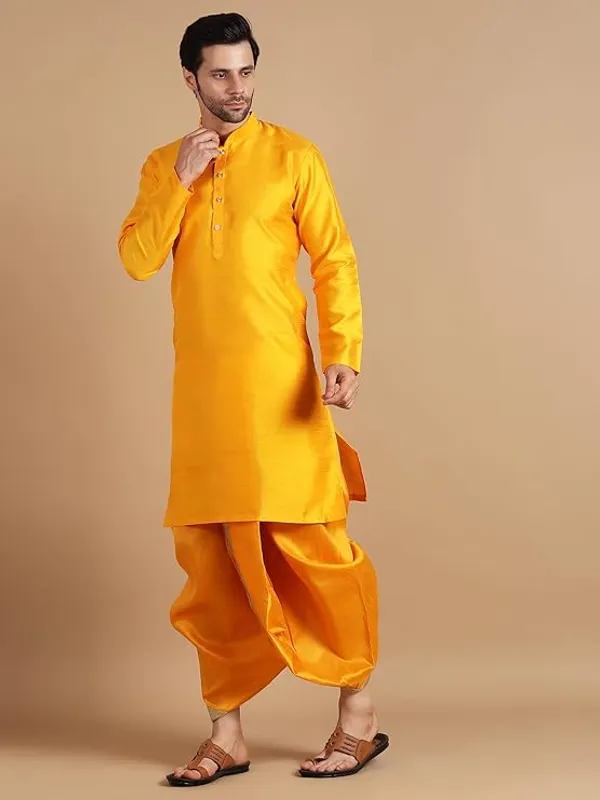 Yellow_Dupion_Silk_Readymade_Dhoti_Kurta_Set_For_Men