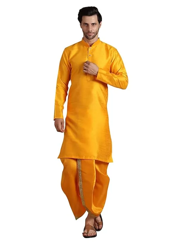 Yellow_Dupion_Silk_Readymade_Dhoti_Kurta_Set_For_Men