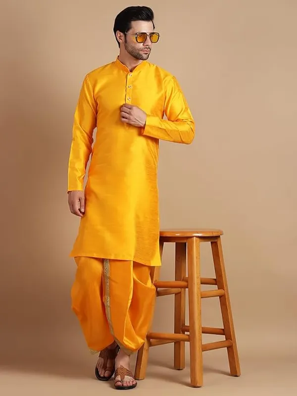 Yellow_Dupion_Silk_Readymade_Dhoti_Kurta_Set_For_Men