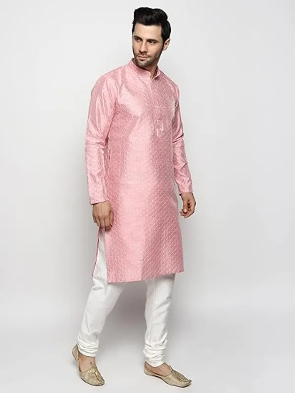Dark_Pink_&_White_Embroidery_Silk_Kurta_Pyjama_Set_For_Men
