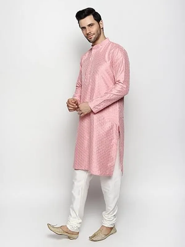 Dark_Pink_&_White_Embroidery_Silk_Kurta_Pyjama_Set_For_Men