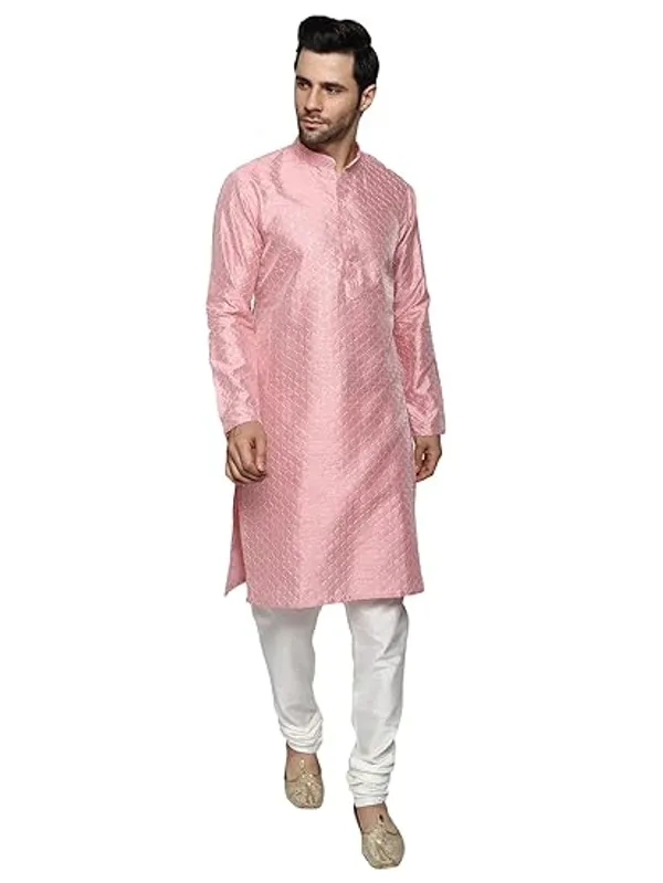 Dark_Pink_&_White_Embroidery_Silk_Kurta_Pyjama_Set_For_Men