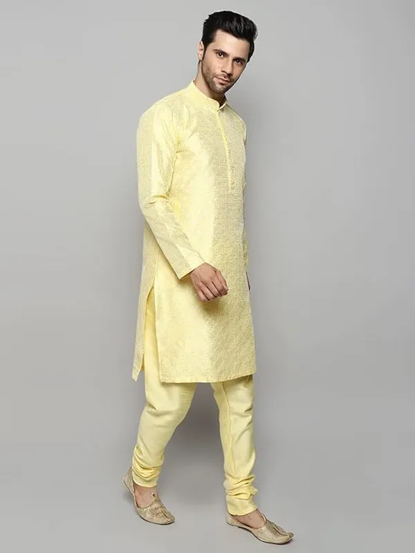 Yellow_Embroidery_Silk_Kurta_Pyjama_Set_For_Men