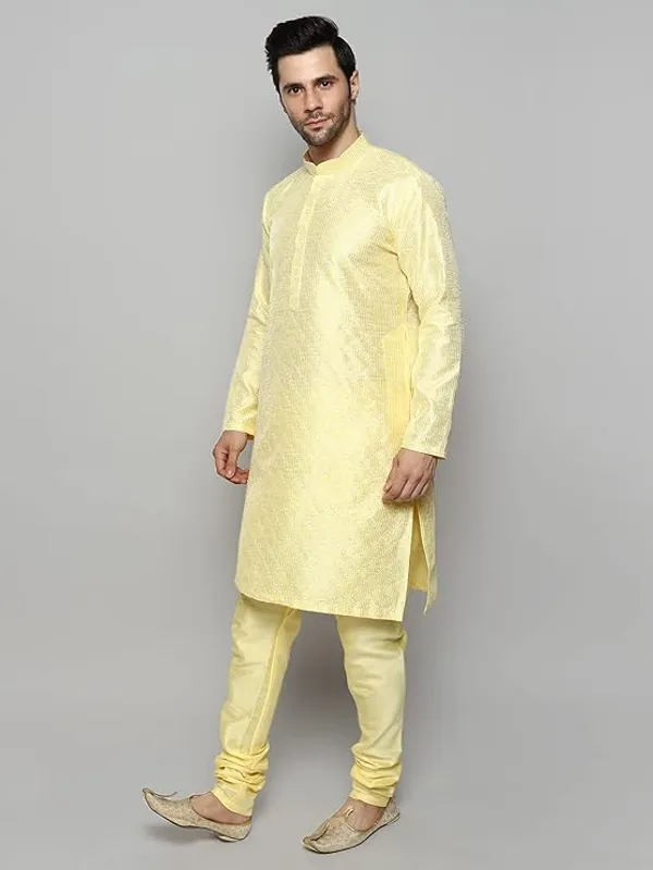 Yellow_Embroidery_Silk_Kurta_Pyjama_Set_For_Men