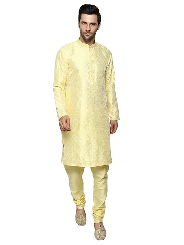 Yellow_Embroidery_Silk_Kurta_Pyjama_Set_For_Men