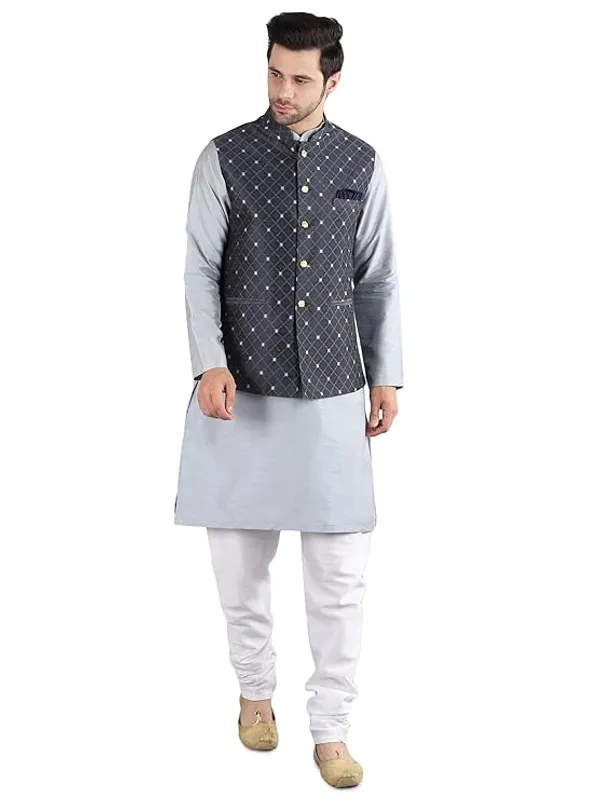 White_&_Grey_Silk_Blend_Kurta_Pajama_With_Designer_Ethnic_Nehru_Jacket_For_Men