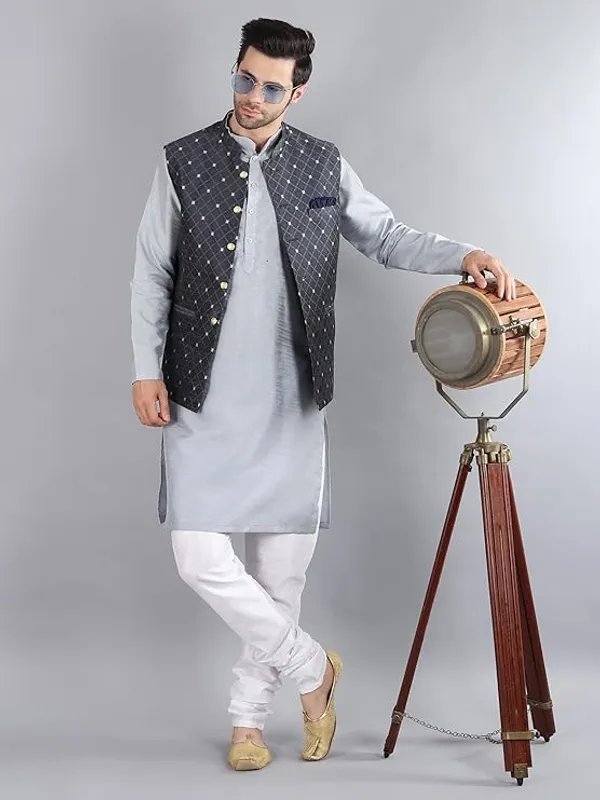 White_&_Grey_Silk_Blend_Kurta_Pajama_With_Designer_Ethnic_Nehru_Jacket_For_Men