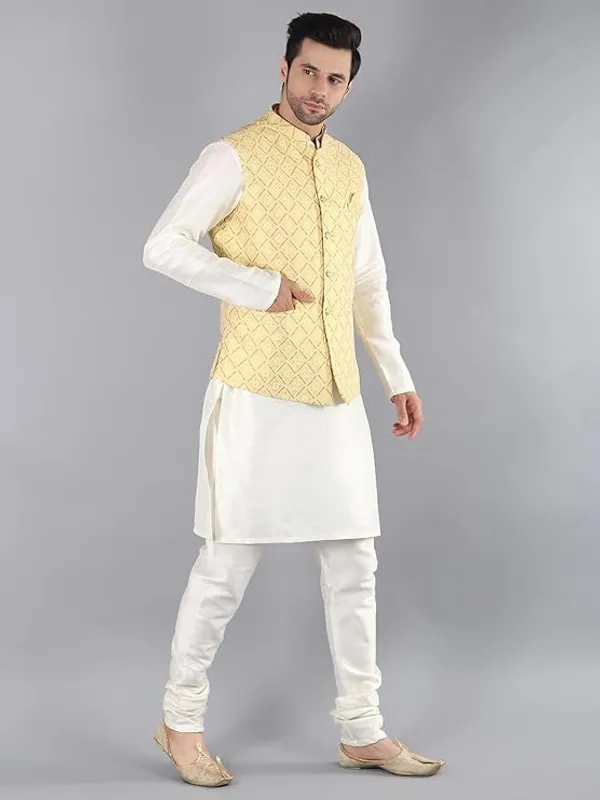 Cream_&_Yellow_Silk_Blend_Kurta_Pajama_With_Designer_Ethnic_Nehru_Jacket_For_Men