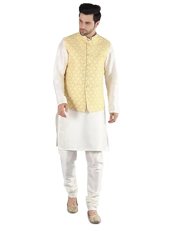 Cream_&_Yellow_Silk_Blend_Kurta_Pajama_With_Designer_Ethnic_Nehru_Jacket_For_Men