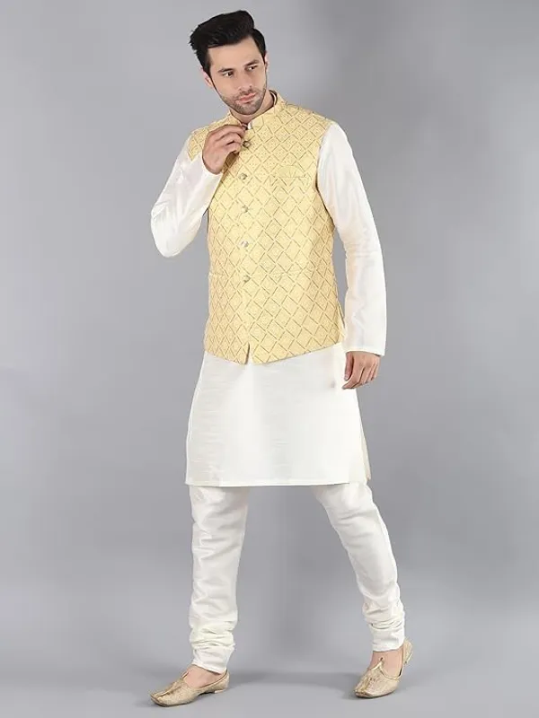 Cream_&_Yellow_Silk_Blend_Kurta_Pajama_With_Designer_Ethnic_Nehru_Jacket_For_Men