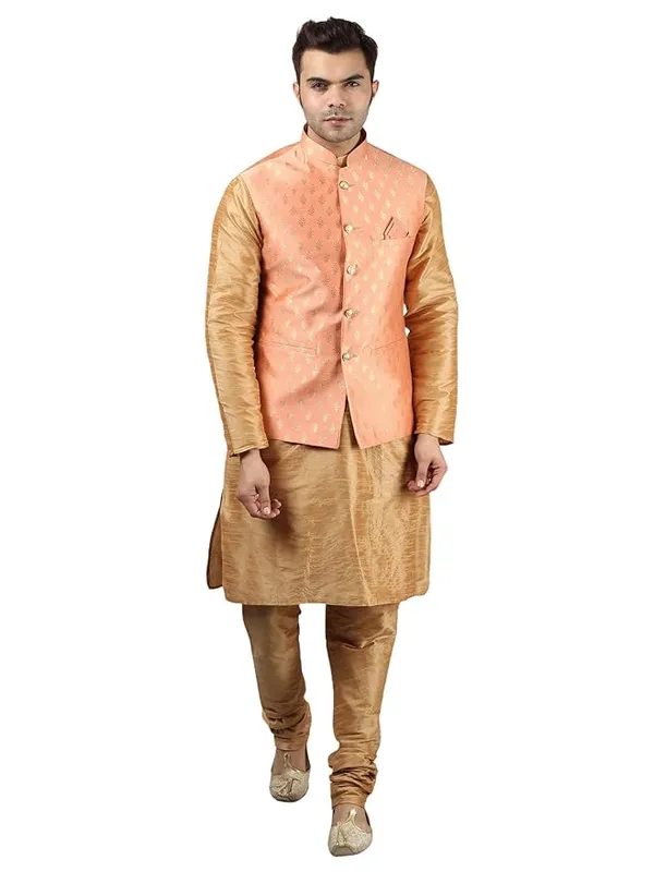 Khaki_&_Peach_Silk_Blend_Kurta_Pajama_With_Designer_Ethnic_Nehru_Jacket_For_Men