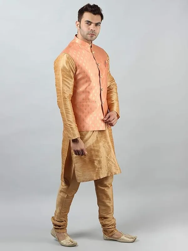 Khaki_&_Peach_Silk_Blend_Kurta_Pajama_With_Designer_Ethnic_Nehru_Jacket_For_Men