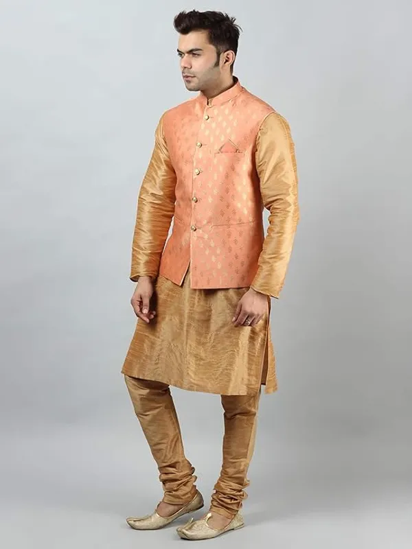 Khaki_&_Peach_Silk_Blend_Kurta_Pajama_With_Designer_Ethnic_Nehru_Jacket_For_Men