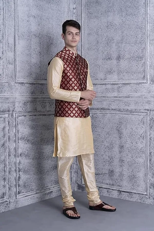 Golden_&_Maroon_Silk_Blend_Kurta_Pajama_With_Designer_Ethnic_Nehru_Jacket_For_Men