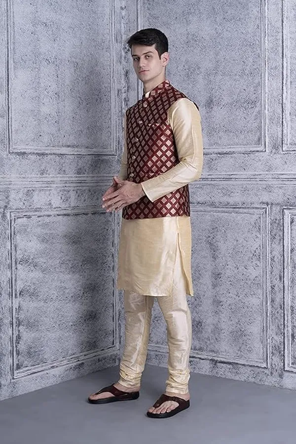 Golden_&_Maroon_Silk_Blend_Kurta_Pajama_With_Designer_Ethnic_Nehru_Jacket_For_Men