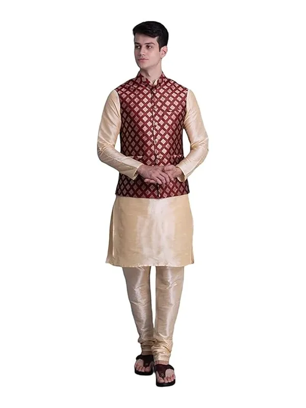 Golden_&_Maroon_Silk_Blend_Kurta_Pajama_With_Designer_Ethnic_Nehru_Jacket_For_Men
