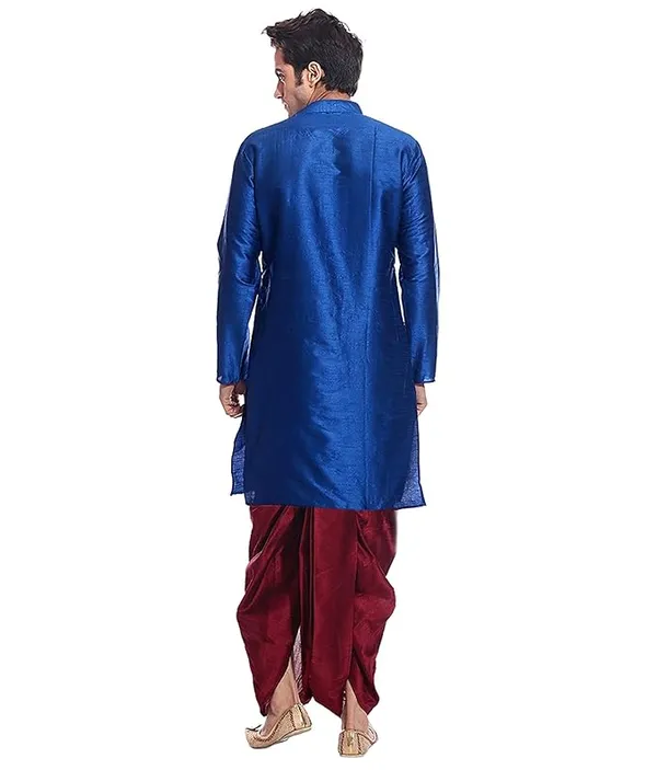 Royal_Blue_Dupion_Silk_Readymade_Dhoti_Kurta_Set_For_Men