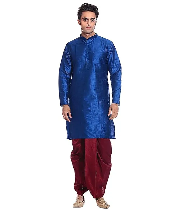 Royal_Blue_Dupion_Silk_Readymade_Dhoti_Kurta_Set_For_Men